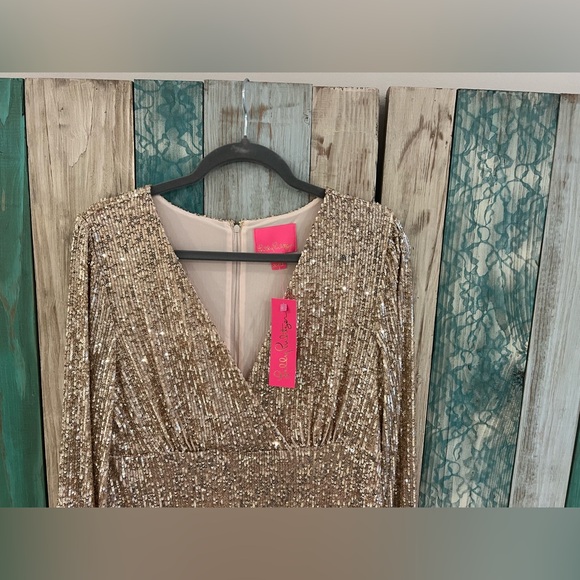 NWT Lilly Pulitzer Reagan Gold Sequin Long-Sleeve Minidress, Sz 10 - Picture 8 of 11